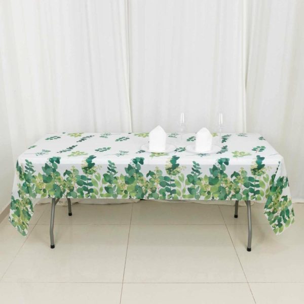 Disposable Tablecloth Collection |  5 Pack White Green Rectangle Plastic Table Covers with Eucalyptus Leaves Print, 54″x108″ PVC Waterproof Disposable Tablecloths