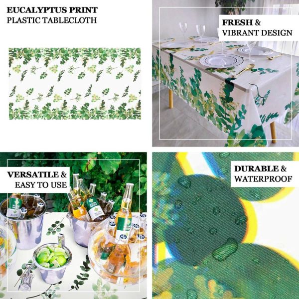 Disposable Tablecloth Collection |  5 Pack White Green Rectangle Plastic Table Covers with Eucalyptus Leaves Print, 54″x108″ PVC Waterproof Disposable Tablecloths