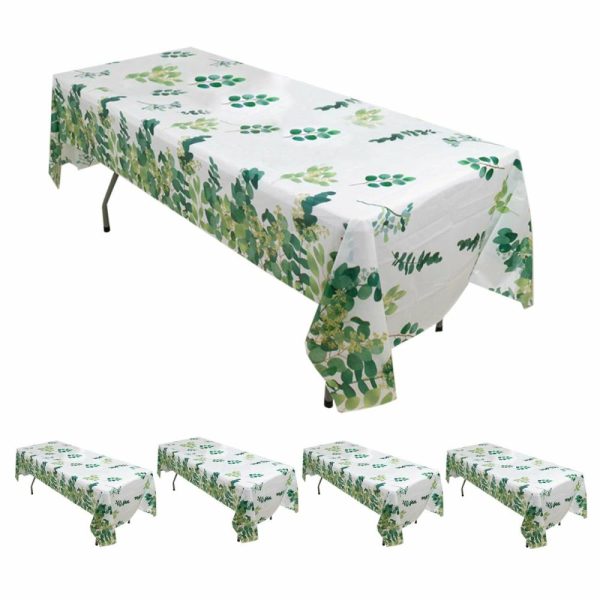 Disposable Tablecloth Collection |  5 Pack White Green Rectangle Plastic Table Covers with Eucalyptus Leaves Print, 54″x108″ PVC Waterproof Disposable Tablecloths