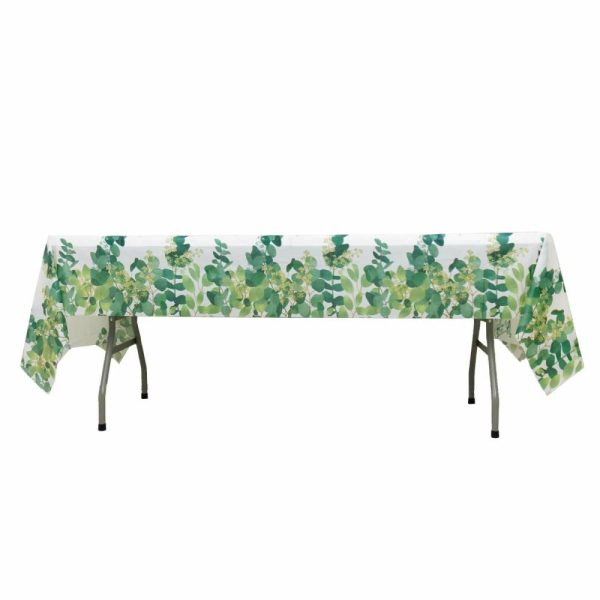 Disposable Tablecloth Collection |  5 Pack White Green Rectangle Plastic Table Covers with Eucalyptus Leaves Print, 54″x108″ PVC Waterproof Disposable Tablecloths