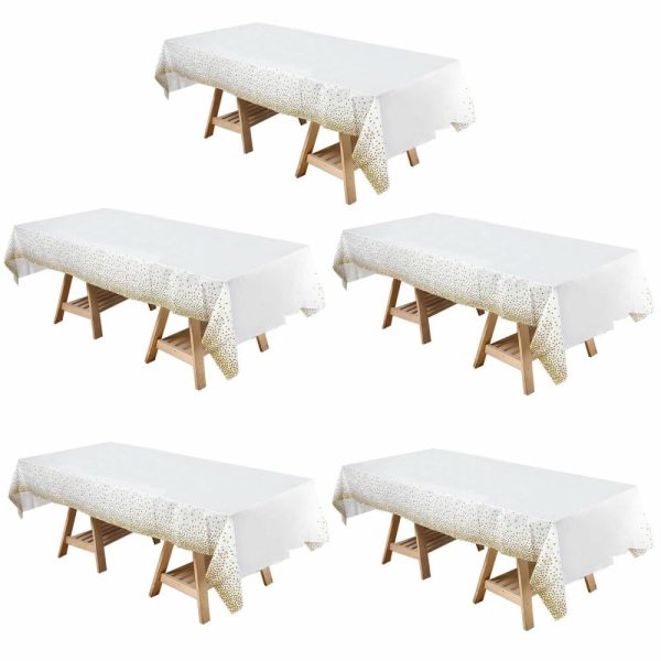 Disposable Tablecloth Collection |  5 Pack White Rectangle Plastic Table Covers with Gold Confetti Dots, 54″x108″ PVC Waterproof Disposable Tablecloths