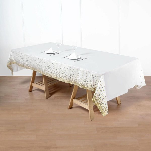 Disposable Tablecloth Collection |  5 Pack White Rectangle Plastic Table Covers with Gold Confetti Dots, 54″x108″ PVC Waterproof Disposable Tablecloths