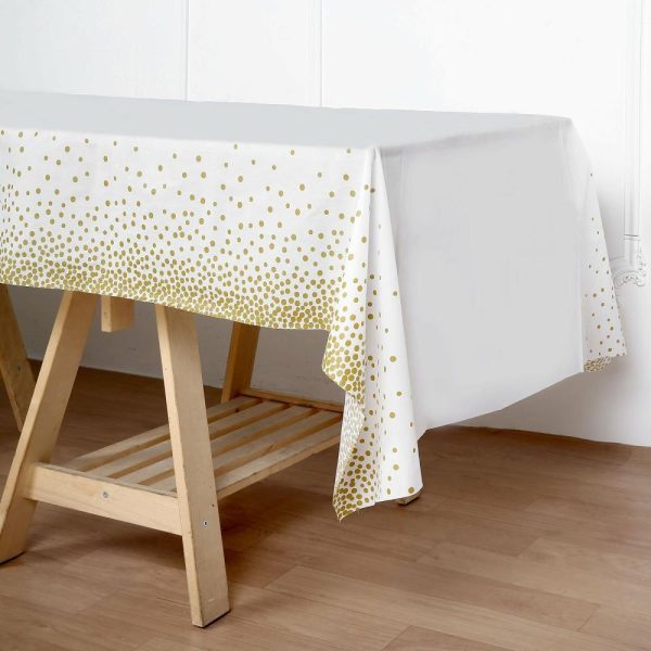 Disposable Tablecloth Collection |  5 Pack White Rectangle Plastic Table Covers with Gold Confetti Dots, 54″x108″ PVC Waterproof Disposable Tablecloths