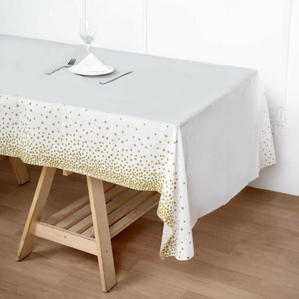 Disposable Tablecloth Collection |  5 Pack White Rectangle Plastic Table Covers with Gold Confetti Dots, 54″x108″ PVC Waterproof Disposable Tablecloths