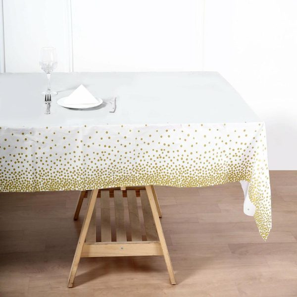 Disposable Tablecloth Collection |  5 Pack White Rectangle Plastic Table Covers with Gold Confetti Dots, 54″x108″ PVC Waterproof Disposable Tablecloths