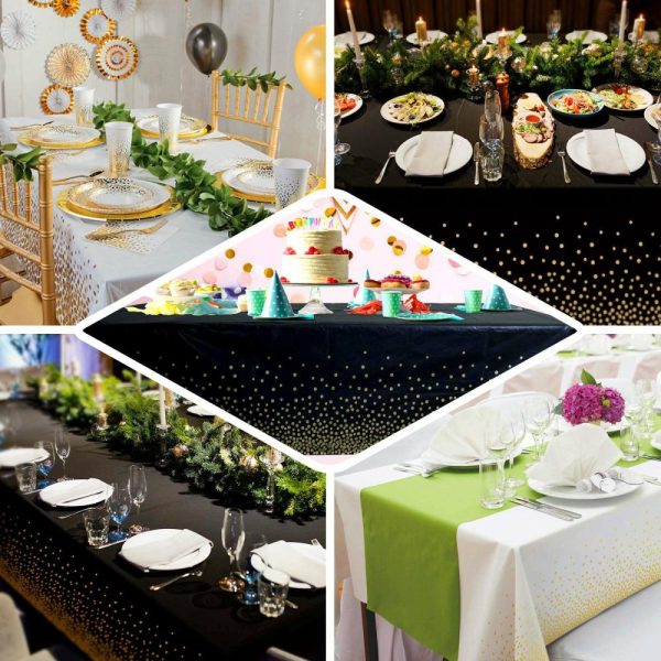 Disposable Tablecloth Collection |  5 Pack White Rectangle Plastic Table Covers with Gold Confetti Dots, 54″x108″ PVC Waterproof Disposable Tablecloths