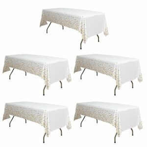 Disposable Tablecloth Collection |  5 Pack White Rectangle Plastic Table Covers with Gold Stars, 54″x108″ PVC Waterproof Disposable Tablecloths