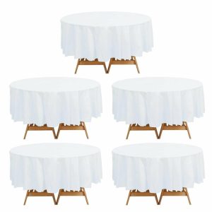 Disposable Tablecloth Collection |  5 Pack White Round Plastic Table Covers, 84″ PVC Waterproof Disposable Tablecloths