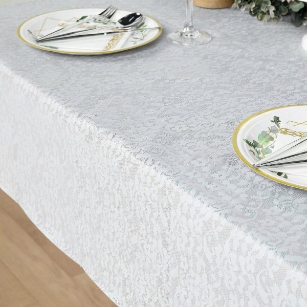 Disposable Tablecloth Collection |  5 Pack White Square Plastic Table Covers in Lace Design, 65″x65″ PVC Waterproof Disposable Tablecloths