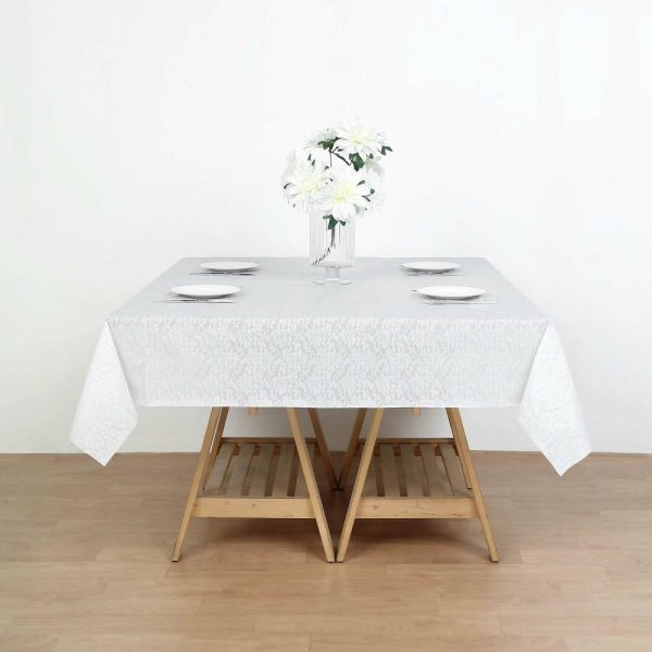 Disposable Tablecloth Collection |  5 Pack White Square Plastic Table Covers in Lace Design, 65″x65″ PVC Waterproof Disposable Tablecloths