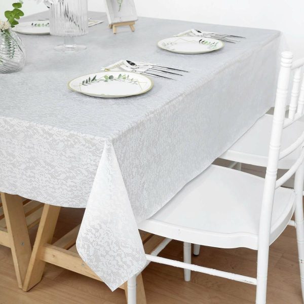 Disposable Tablecloth Collection |  5 Pack White Square Plastic Table Covers in Lace Design, 65″x65″ PVC Waterproof Disposable Tablecloths