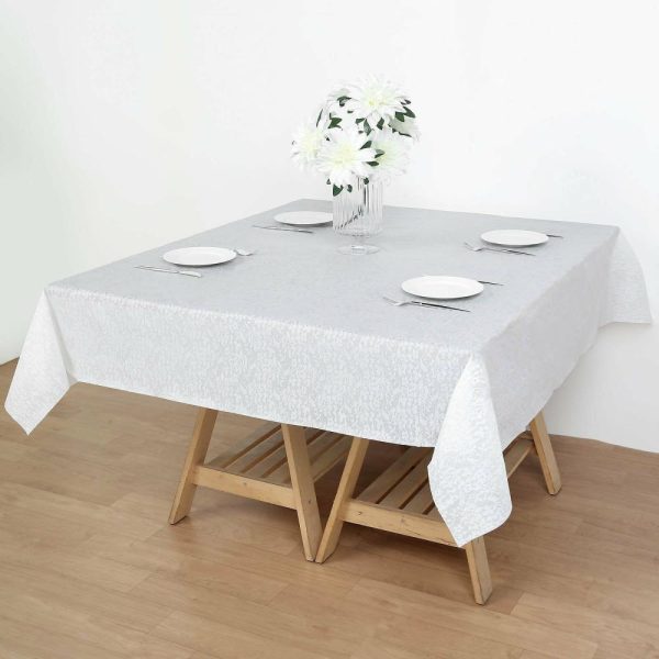 Disposable Tablecloth Collection |  5 Pack White Square Plastic Table Covers in Lace Design, 65″x65″ PVC Waterproof Disposable Tablecloths