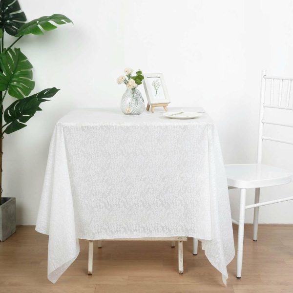 Disposable Tablecloth Collection |  5 Pack White Square Plastic Table Covers in Lace Design, 65″x65″ PVC Waterproof Disposable Tablecloths