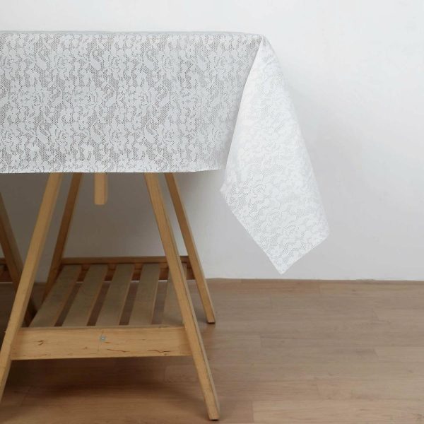 Disposable Tablecloth Collection |  5 Pack White Square Plastic Table Covers in Lace Design, 65″x65″ PVC Waterproof Disposable Tablecloths