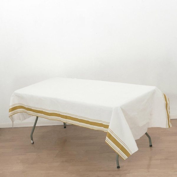 Disposable Tablecloth Collection |  50″x108″ White Airlaid Paper Rectangle Tablecloth with Gold Striped Border, Soft Linen-feel Disposable Table Cover