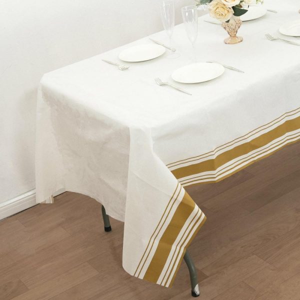 Disposable Tablecloth Collection |  50″x108″ White Airlaid Paper Rectangle Tablecloth with Gold Striped Border, Soft Linen-feel Disposable Table Cover