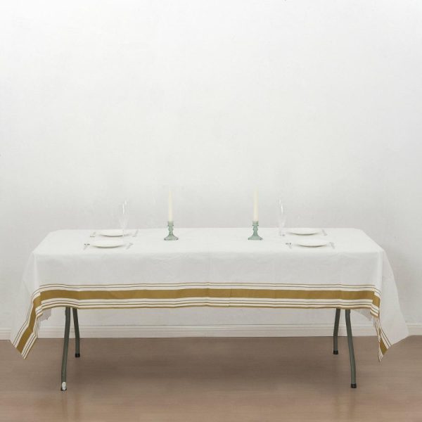 Disposable Tablecloth Collection |  50″x108″ White Airlaid Paper Rectangle Tablecloth with Gold Striped Border, Soft Linen-feel Disposable Table Cover