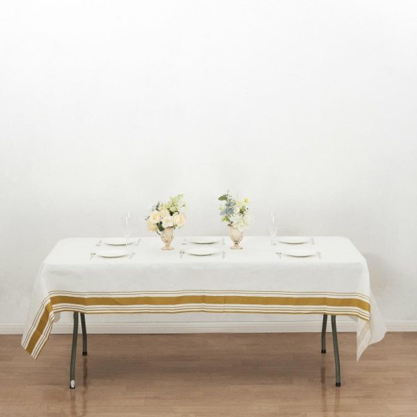 Disposable Tablecloth Collection |  50″x108″ White Airlaid Paper Rectangle Tablecloth with Gold Striped Border, Soft Linen-feel Disposable Table Cover