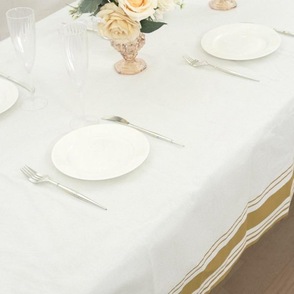 Disposable Tablecloth Collection |  50″x108″ White Airlaid Paper Rectangle Tablecloth with Gold Striped Border, Soft Linen-feel Disposable Table Cover