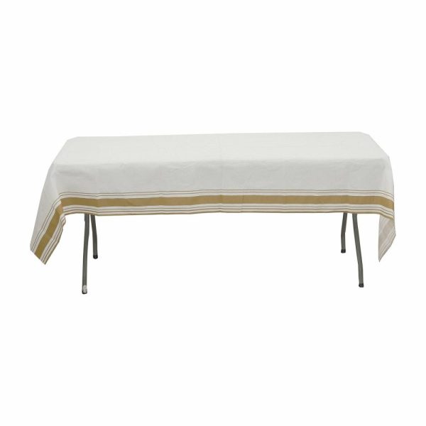 Disposable Tablecloth Collection |  50″x108″ White Airlaid Paper Rectangle Tablecloth with Gold Striped Border, Soft Linen-feel Disposable Table Cover