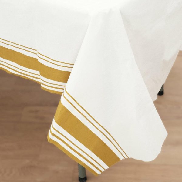 Disposable Tablecloth Collection |  50″x108″ White Airlaid Paper Rectangle Tablecloth with Gold Striped Border, Soft Linen-feel Disposable Table Cover