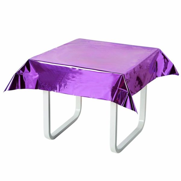 Disposable Tablecloth Collection |  50″x50″ Purple Metallic Foil Square Tablecloth, Disposable Table Cover