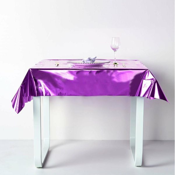 Disposable Tablecloth Collection |  50″x50″ Purple Metallic Foil Square Tablecloth, Disposable Table Cover