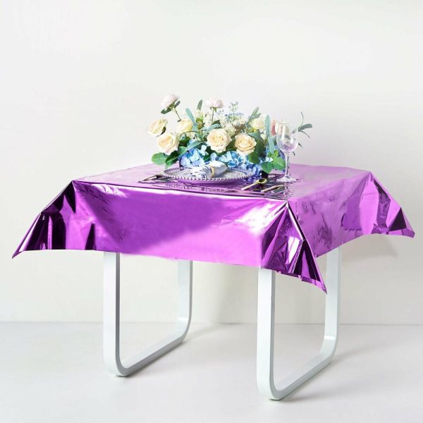 Disposable Tablecloth Collection |  50″x50″ Purple Metallic Foil Square Tablecloth, Disposable Table Cover