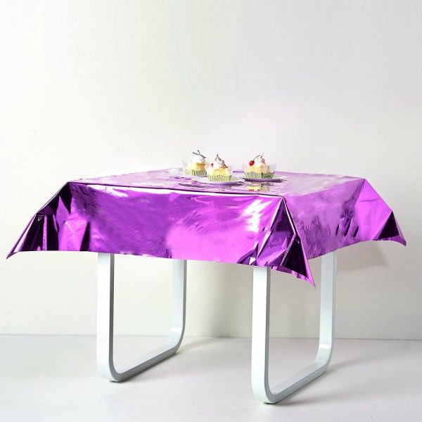 Disposable Tablecloth Collection |  50″x50″ Purple Metallic Foil Square Tablecloth, Disposable Table Cover