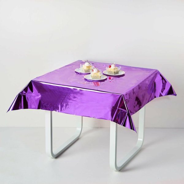 Disposable Tablecloth Collection |  50″x50″ Purple Metallic Foil Square Tablecloth, Disposable Table Cover