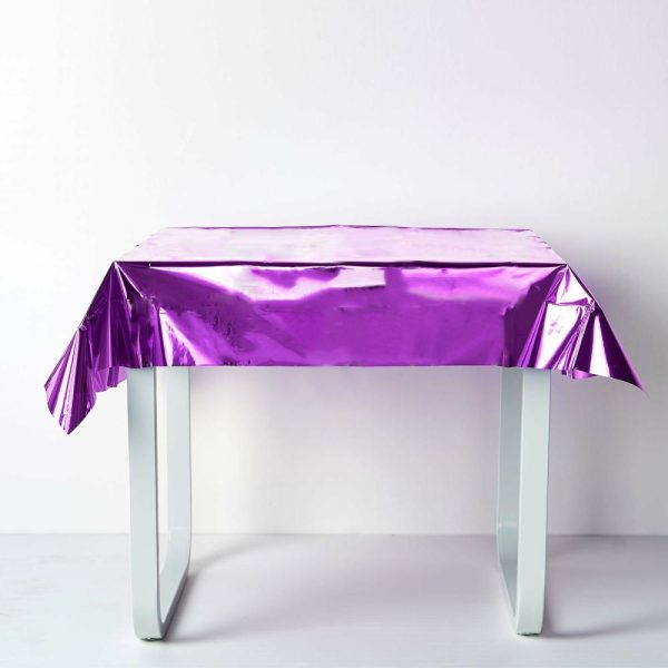 Disposable Tablecloth Collection |  50″x50″ Purple Metallic Foil Square Tablecloth, Disposable Table Cover