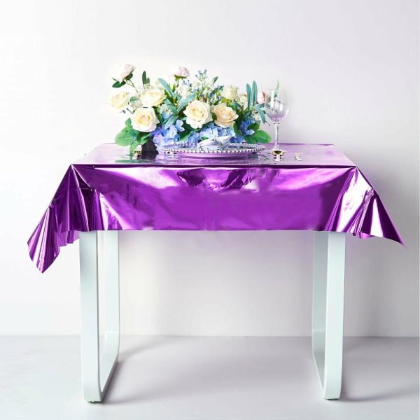 Disposable Tablecloth Collection |  50″x50″ Purple Metallic Foil Square Tablecloth, Disposable Table Cover