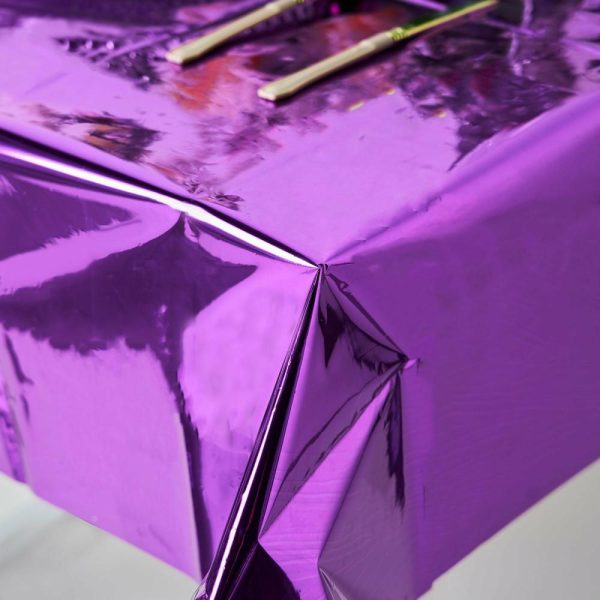 Disposable Tablecloth Collection |  50″x50″ Purple Metallic Foil Square Tablecloth, Disposable Table Cover