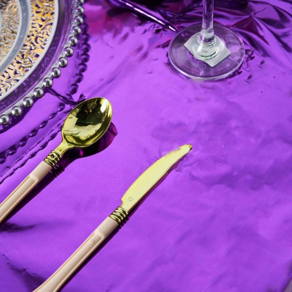 Disposable Tablecloth Collection |  50″x50″ Purple Metallic Foil Square Tablecloth, Disposable Table Cover