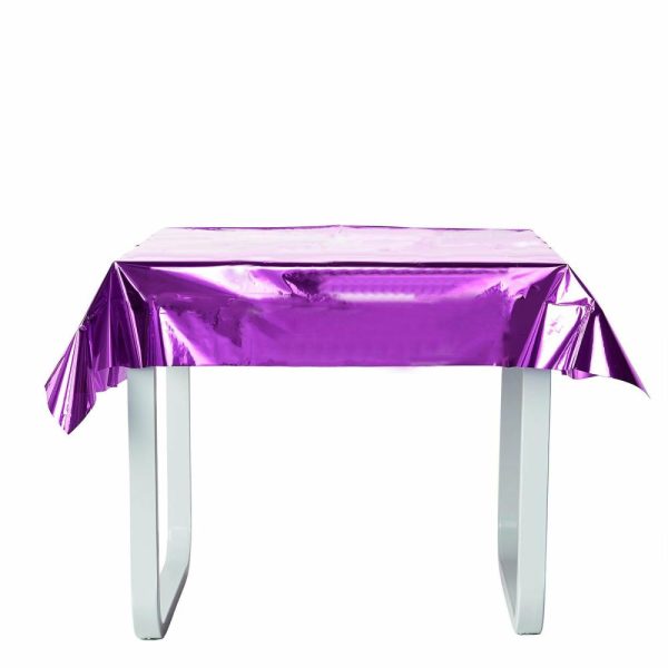 Disposable Tablecloth Collection |  50″x50″ Purple Metallic Foil Square Tablecloth, Disposable Table Cover