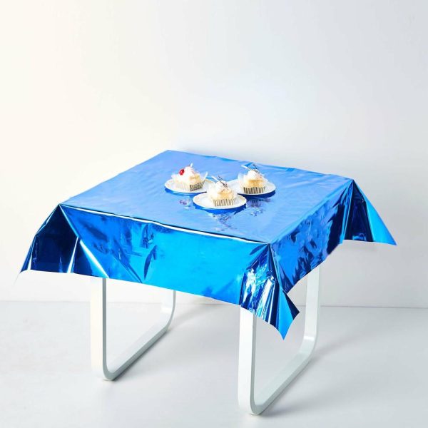 Disposable Tablecloth Collection |  50″x50″ Royal Blue Metallic Foil Square Tablecloth, Disposable Table Cover