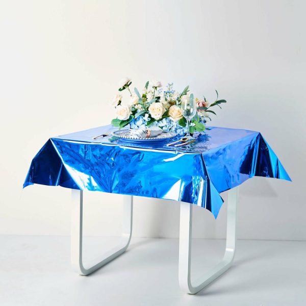 Disposable Tablecloth Collection |  50″x50″ Royal Blue Metallic Foil Square Tablecloth, Disposable Table Cover