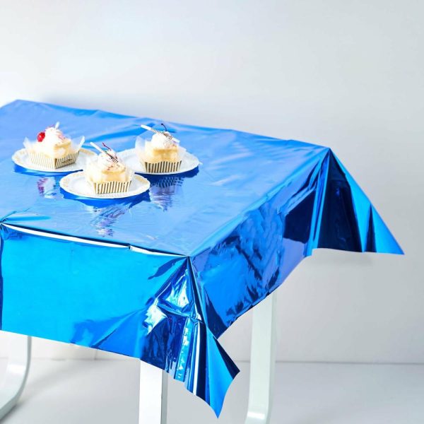 Disposable Tablecloth Collection |  50″x50″ Royal Blue Metallic Foil Square Tablecloth, Disposable Table Cover