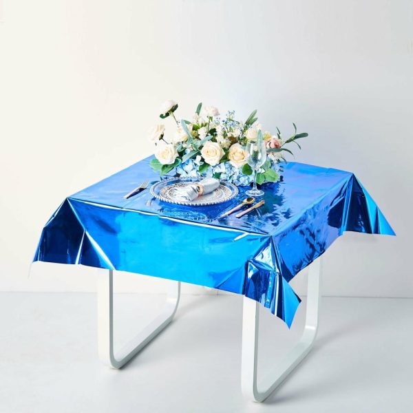 Disposable Tablecloth Collection |  50″x50″ Royal Blue Metallic Foil Square Tablecloth, Disposable Table Cover