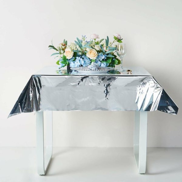 Disposable Tablecloth Collection |  50″x50″ Silver Metallic Foil Square Tablecloth, Disposable Table Cover