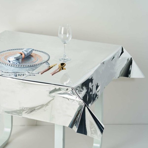 Disposable Tablecloth Collection |  50″x50″ Silver Metallic Foil Square Tablecloth, Disposable Table Cover