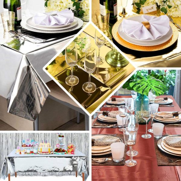 Disposable Tablecloth Collection |  50″x50″ Silver Metallic Foil Square Tablecloth, Disposable Table Cover