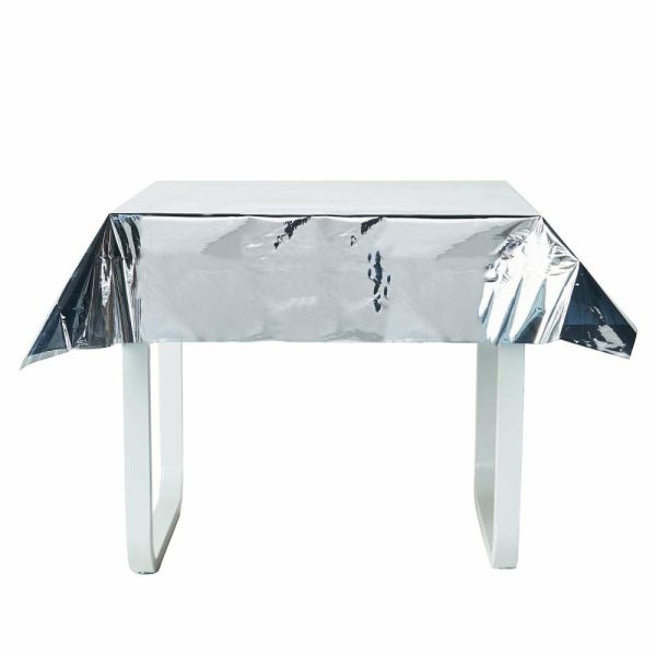 Disposable Tablecloth Collection |  50″x50″ Silver Metallic Foil Square Tablecloth, Disposable Table Cover