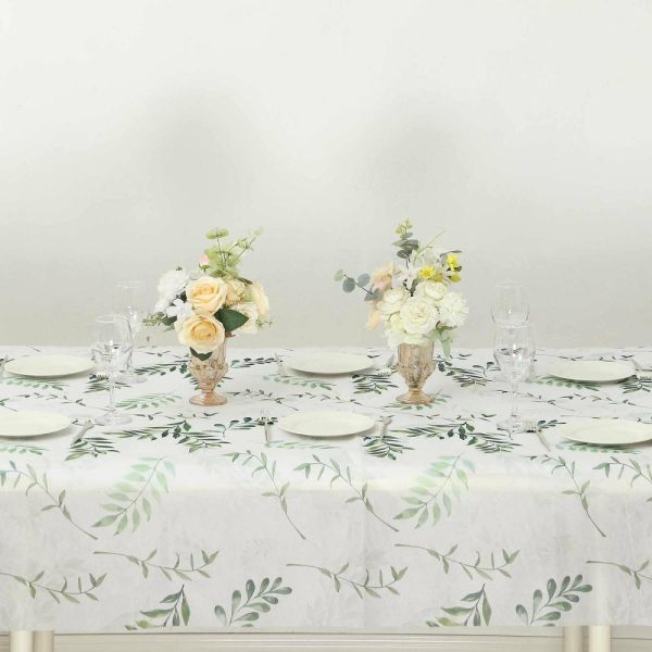 Disposable Tablecloth Collection |  60″x102″ White Green Non-Woven Rectangular Table Cover With Olive Leaves Print, Spring Summer Dining Tablecloth