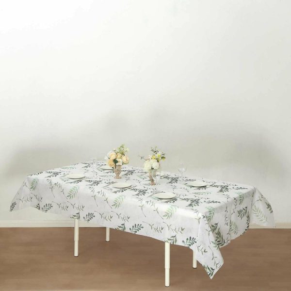 Disposable Tablecloth Collection |  60″x102″ White Green Non-Woven Rectangular Table Cover With Olive Leaves Print, Spring Summer Dining Tablecloth