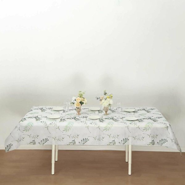 Disposable Tablecloth Collection |  60″x102″ White Green Non-Woven Rectangular Table Cover With Olive Leaves Print, Spring Summer Dining Tablecloth