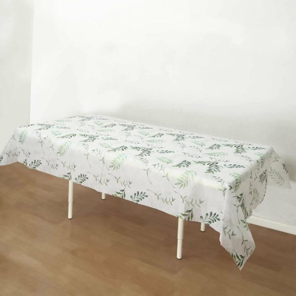 Disposable Tablecloth Collection |  60″x102″ White Green Non-Woven Rectangular Table Cover With Olive Leaves Print, Spring Summer Dining Tablecloth