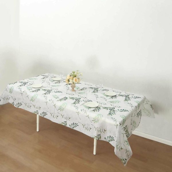 Disposable Tablecloth Collection |  60″x102″ White Green Non-Woven Rectangular Table Cover With Olive Leaves Print, Spring Summer Dining Tablecloth