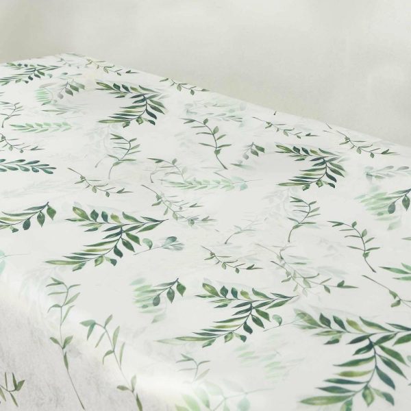 Disposable Tablecloth Collection |  60″x102″ White Green Non-Woven Rectangular Table Cover With Olive Leaves Print, Spring Summer Dining Tablecloth