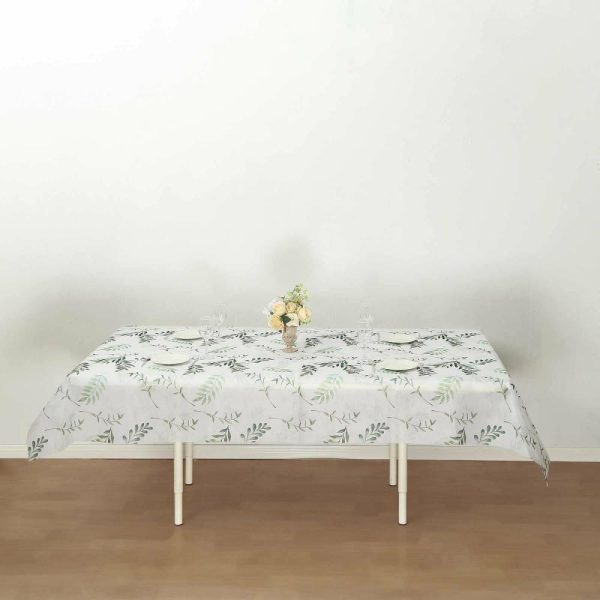 Disposable Tablecloth Collection |  60″x102″ White Green Non-Woven Rectangular Table Cover With Olive Leaves Print, Spring Summer Dining Tablecloth